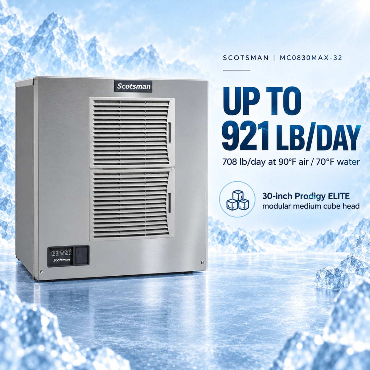 A stainless steel commercial ice machine by Scotsman shown against an icy blue background with promotional text reading 'UP TO 921 LB/DAY' and model details.