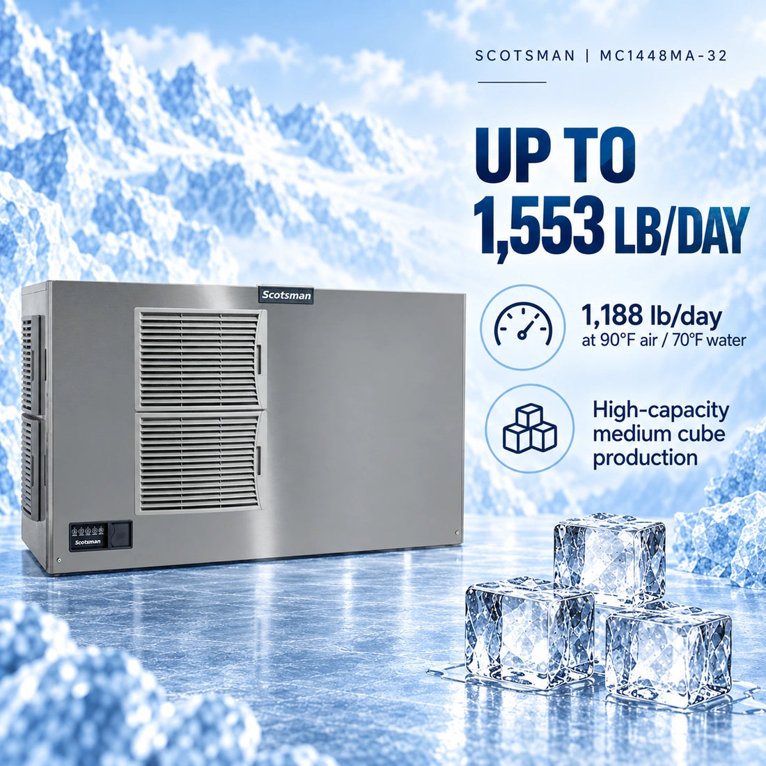 A stainless steel commercial ice machine by Scotsman, featuring a front vent grille, a digital control panel on the lower left, and a brushed metal front casing, isolated on a white background.