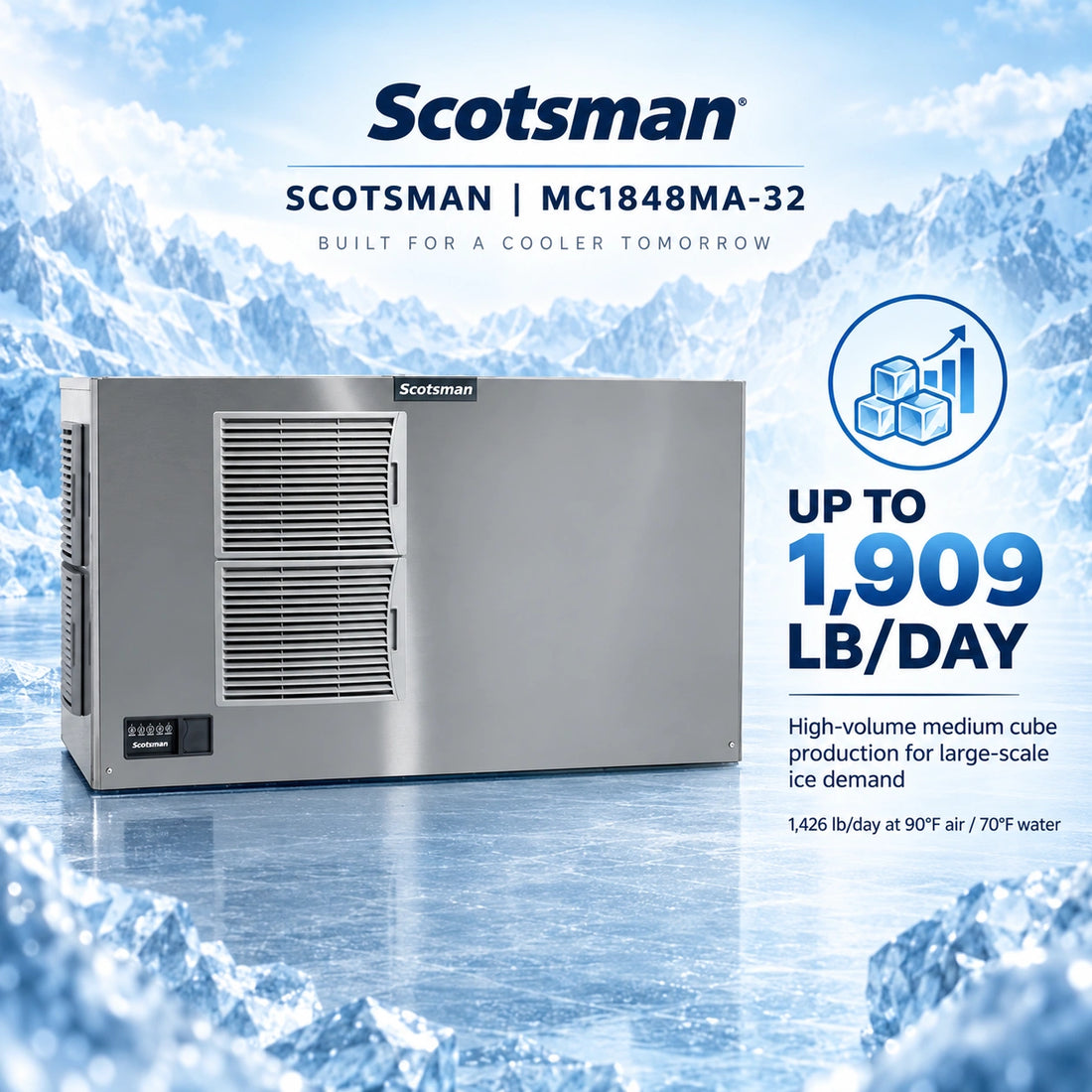 A stainless steel commercial ice machine by Scotsman, featuring a front vent grille, a digital control panel on the lower left, and a brushed metal front casing, isolated on a white background.