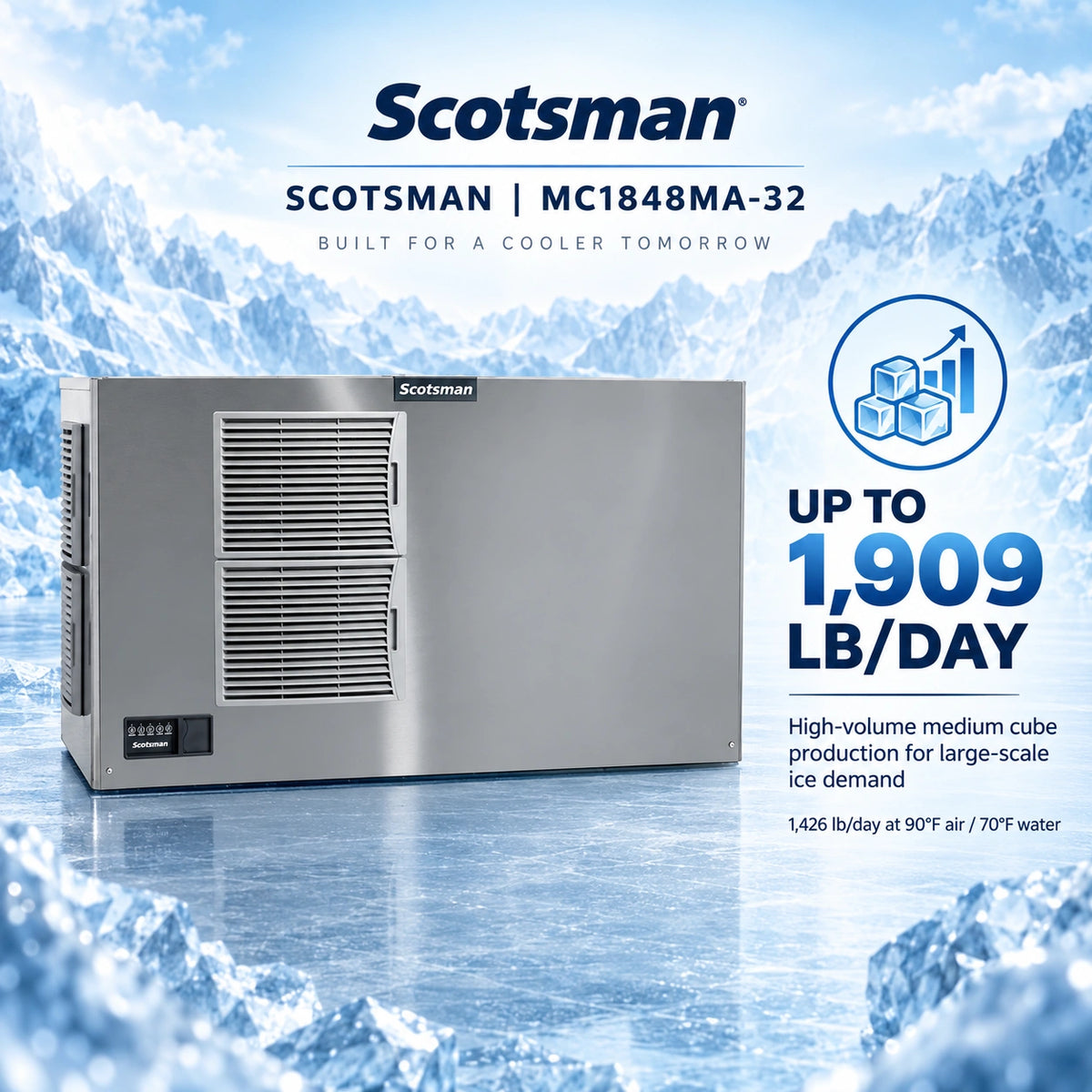 Scotsman MC1848MA-32 commercial ice machine in stainless steel, shown against a blue icy mountain background with promotional text highlighting up to 1,909 lb/day production.