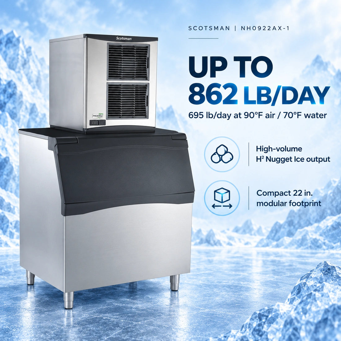 A commercial ice machine with a stainless steel body, dark gray hopper lid, and an ice maker unit mounted on top, shown against a plain white background.