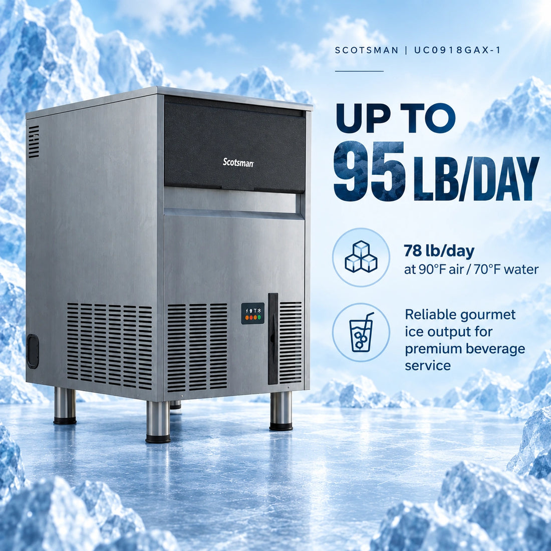 A stainless steel commercial ice machine with a black front panel, vented metal sides, and metal legs, shown on a plain white background. The brand name 'Scotman' is visible on the front.