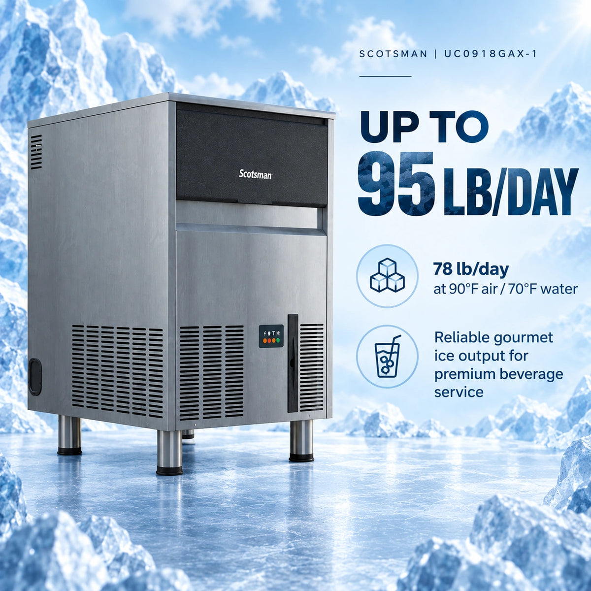 Scotsman UC0918GAX-1 Undercounter Ice Machine - 95 lb/Day Gourmet Cube with 33 lb Bin, 18.31 Inch Air-Cooled