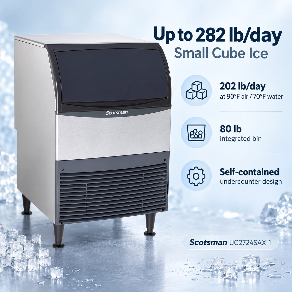 Scotsman UC2724SAX-1 Undercounter Ice Machine - 282 lb/Day Small Cube with 80 lb Bin, 24 Inch Air-Cooled