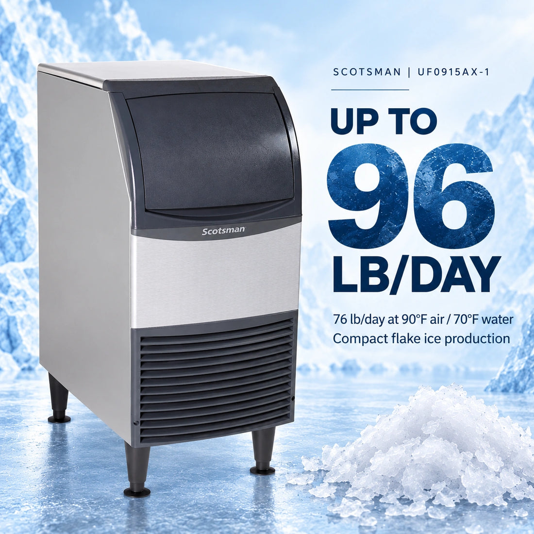 A countertop commercial ice machine by Scotsman, featuring a brushed silver metal body, a dark gray front display window, and a vented lower section on black legs, shown against a plain white background.