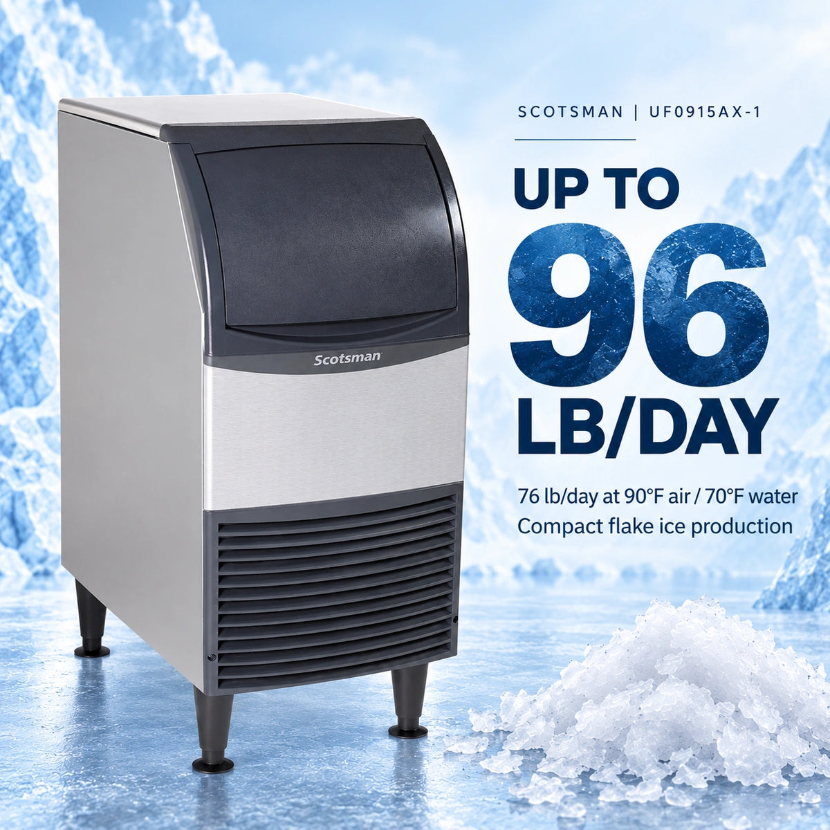 A compact flake ice machine by Scotsman shown on a icy blue background with large promotional text reading 'UP TO 96 LB/DAY' and smaller specs about 76 lb/day at 90°F air and 70°F water. The machine is silver and black with visible Scotsman branding on the front.