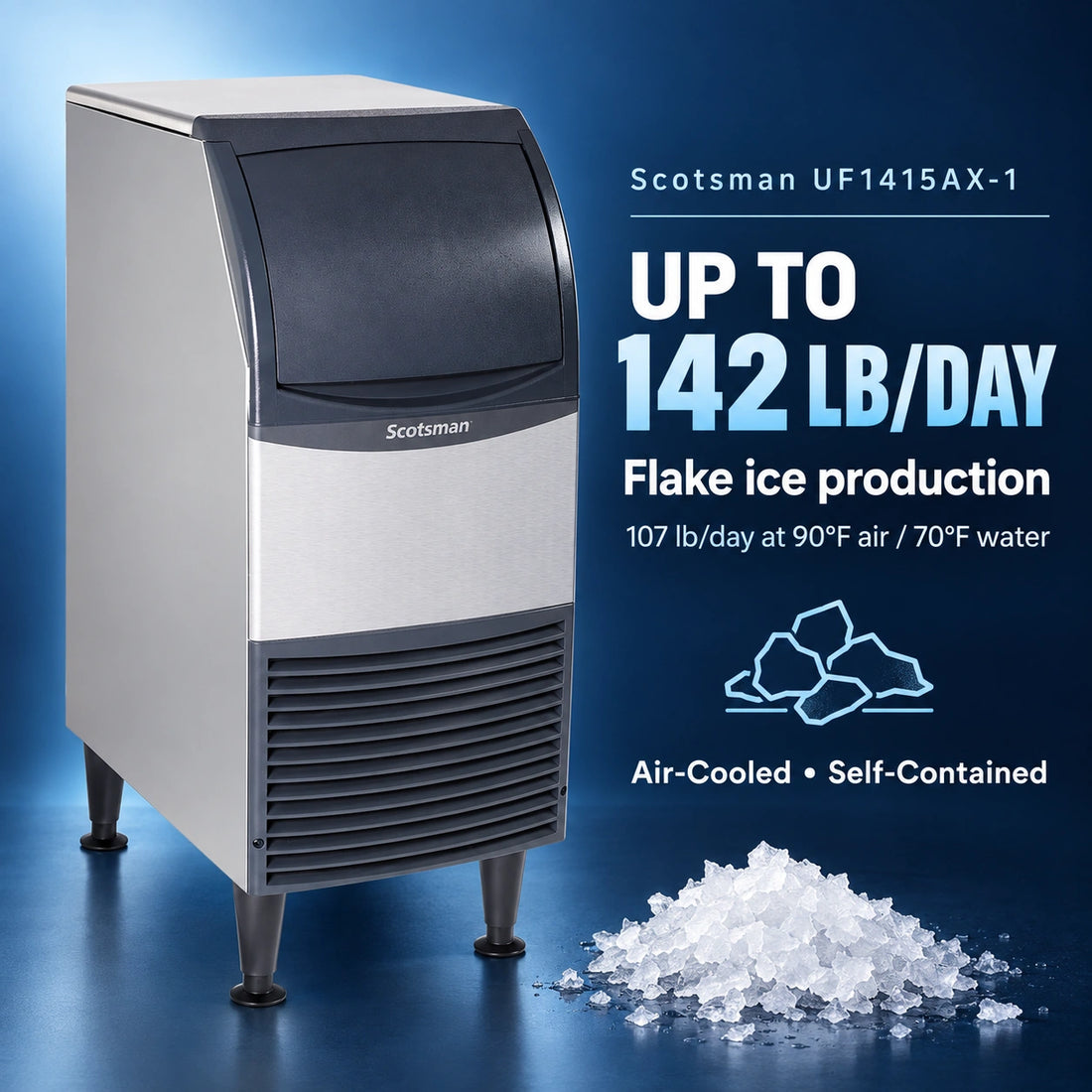 A commercial countertop ice machine by Scotsman, featuring a brushed silver metal body, a dark gray top lid and lower vented section, and four black legs, shown on a plain white background.