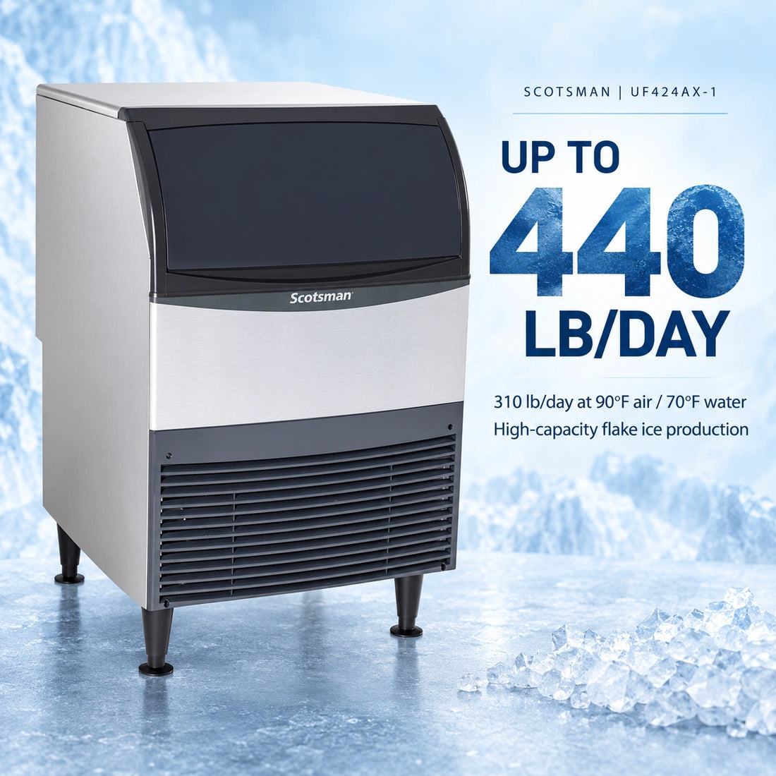 A commercial ice machine with a brushed silver metal body, black top and bottom panels, and black legs, featuring the 'Scotsman' brand logo on the front.