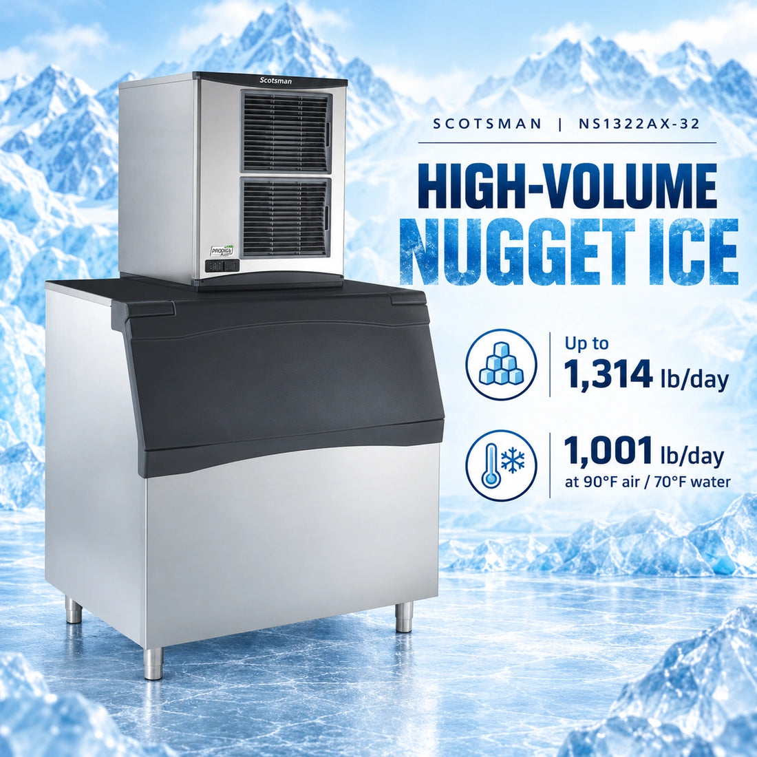 A commercial ice machine with a stainless steel body, dark gray hopper lid, and a matching stainless steel ice maker unit on top, shown on a plain white background.