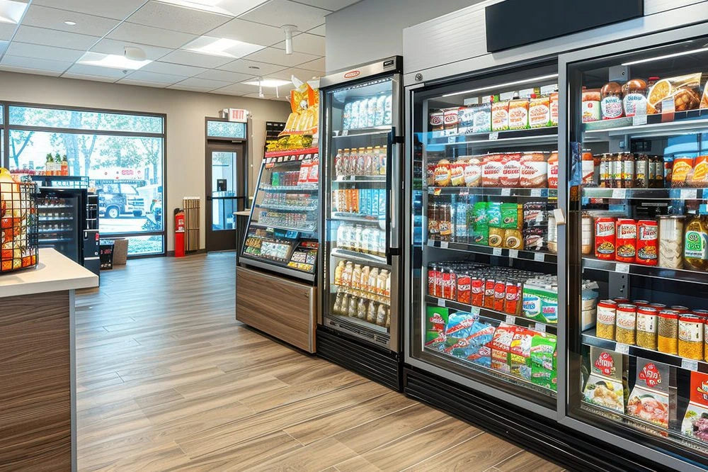 Supermarket interior with refrigerated shelves stocked with drinks and snacks.