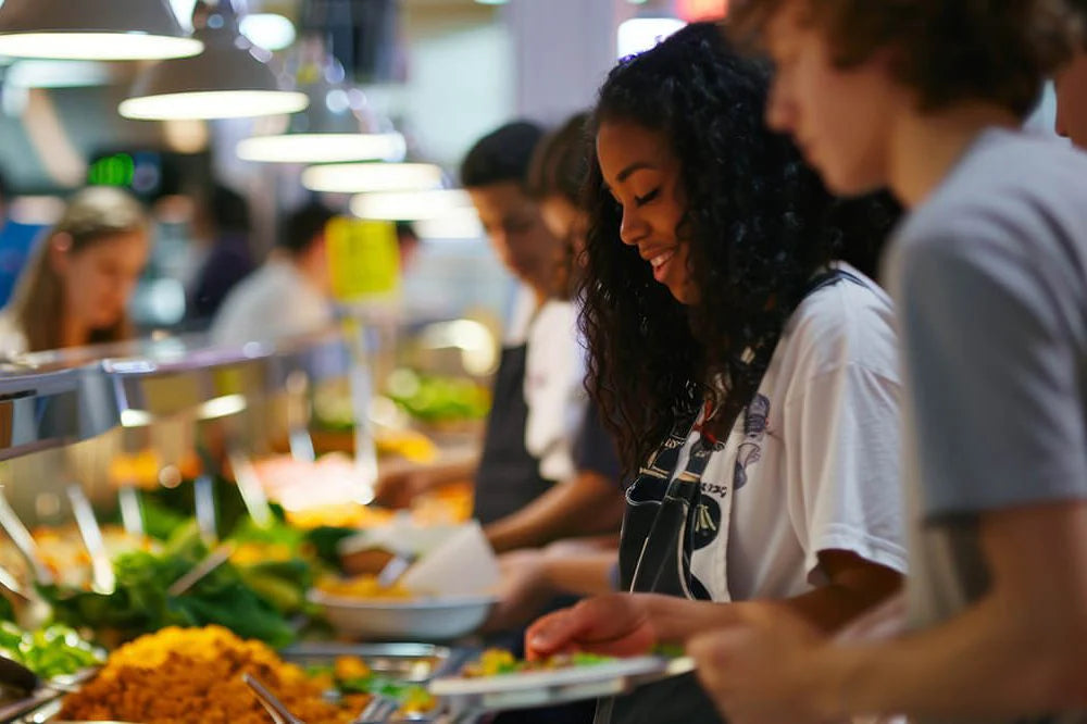 People at a buffet line with food and a smiling woman in an apron.