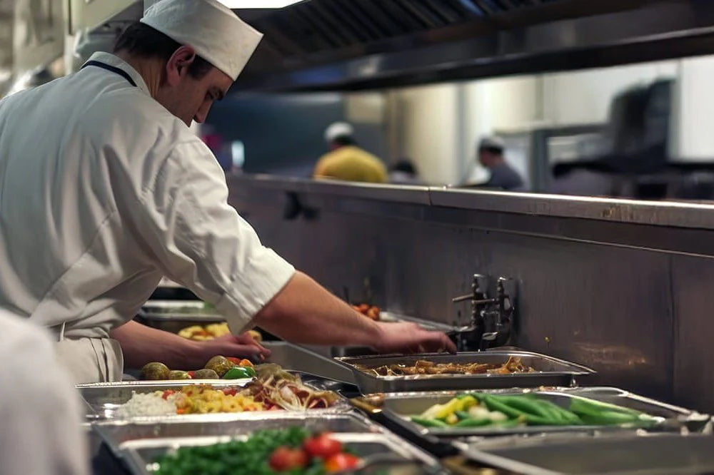 Chef preparing food in a commercial kitchen with various ingredients on trays.