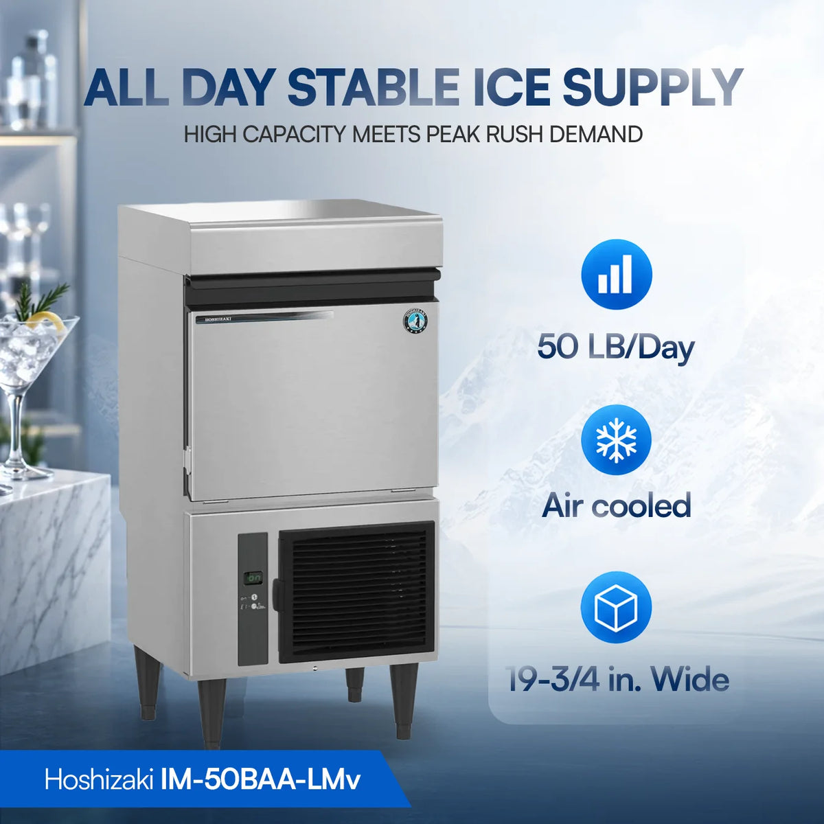 Hoshizaki IM-50BAA-LM Specialty Large Square Cube Ice Maker - 50 lb/Day with 22 lb Bin, Air-Cooled