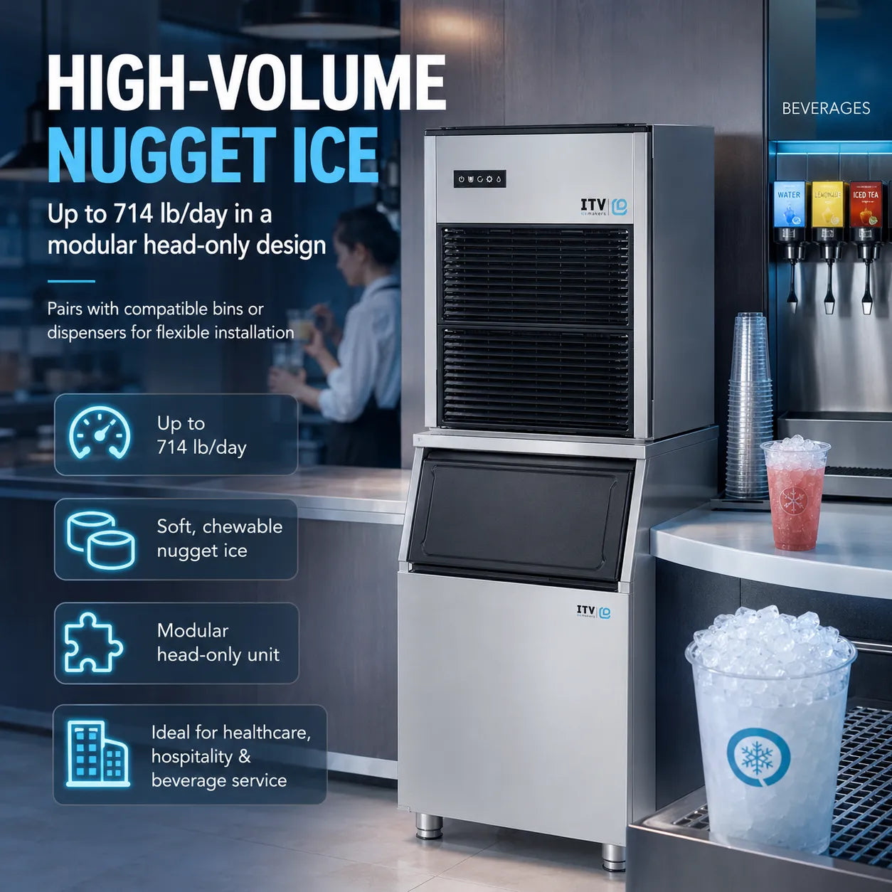 High-volume nugget ice machine with features highlighted in a kitchen setting