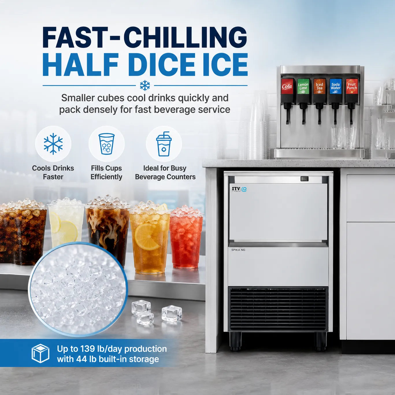 Ice machine with text about fast-chilling half dice ice and its benefits.