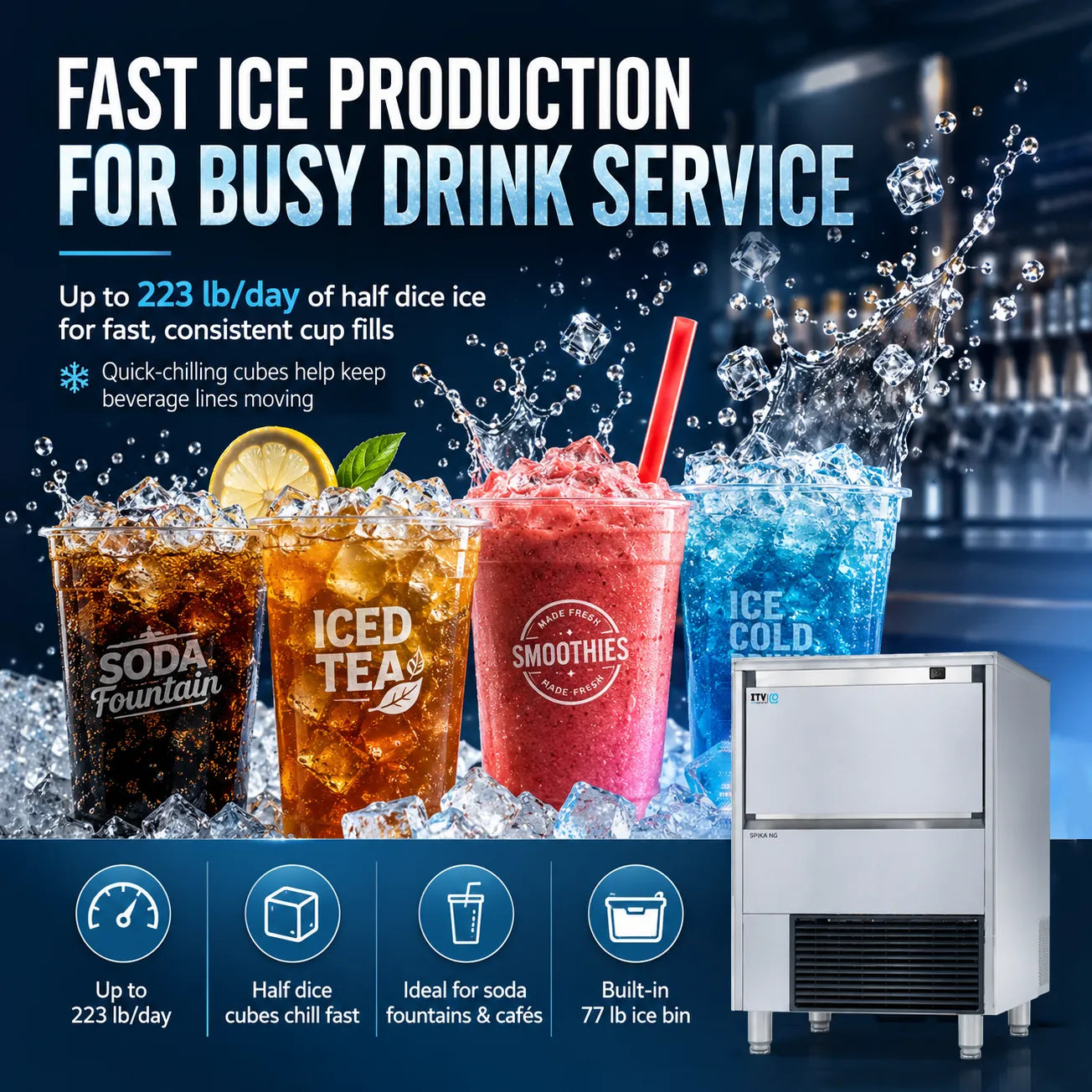 Ice production machine with drinks and text about fast ice production for busy drink service.