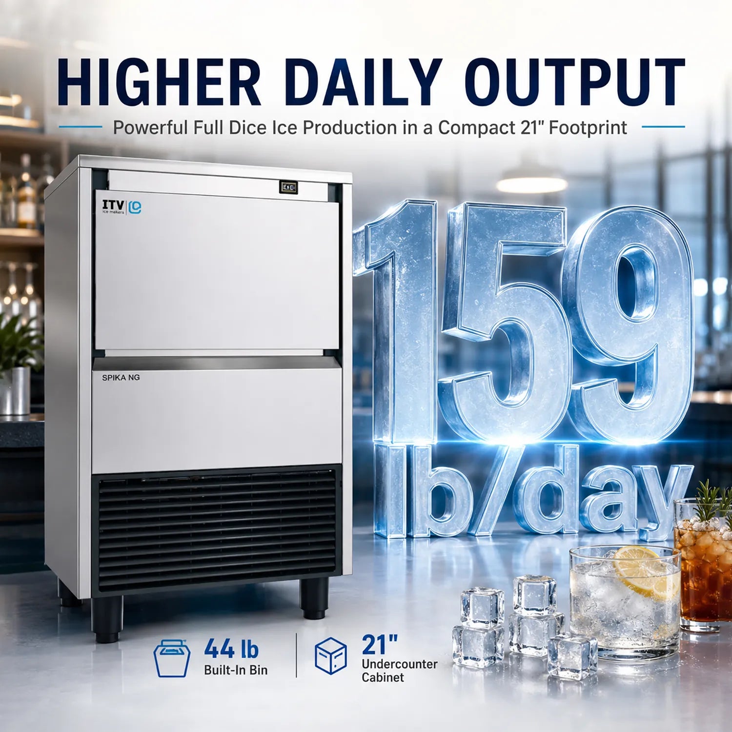 Compact SPICA NK ice machine in a bar-like setting with promotional text reading 'Higher Daily Output' and '159 lb/day', plus ice glasses and drinks on the counter.