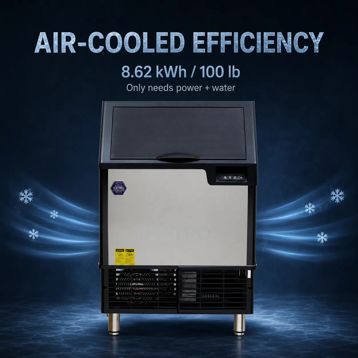 An air-cooled commercial ice machine centered on a dark blue promotional background with text reading 'AIR-COOLED EFFICIENCY' and '8.62 kWh / 100 lb Only needs power + water'.