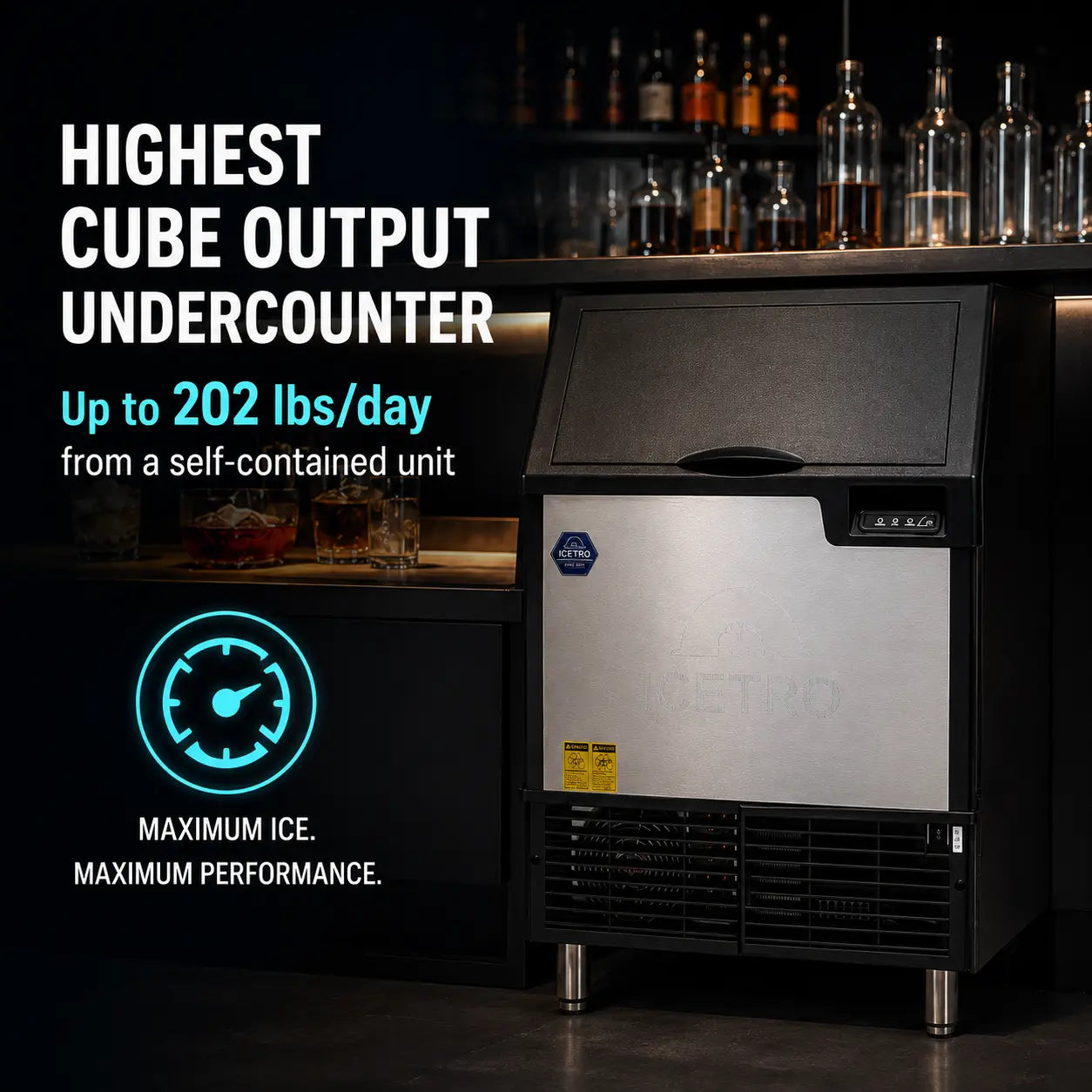 A stainless steel and black undercounter ice machine shown in a bar setting with promotional text highlighting high cube output and up to 202 lbs/day of ice.