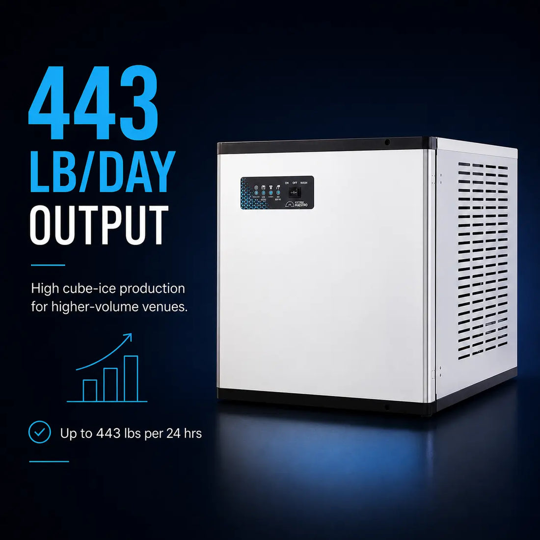 White ice machine with black accents on a white background