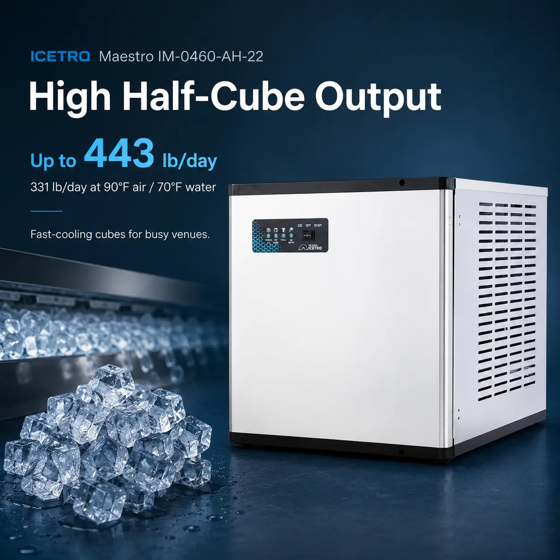 White ice machine with control panel on a white background