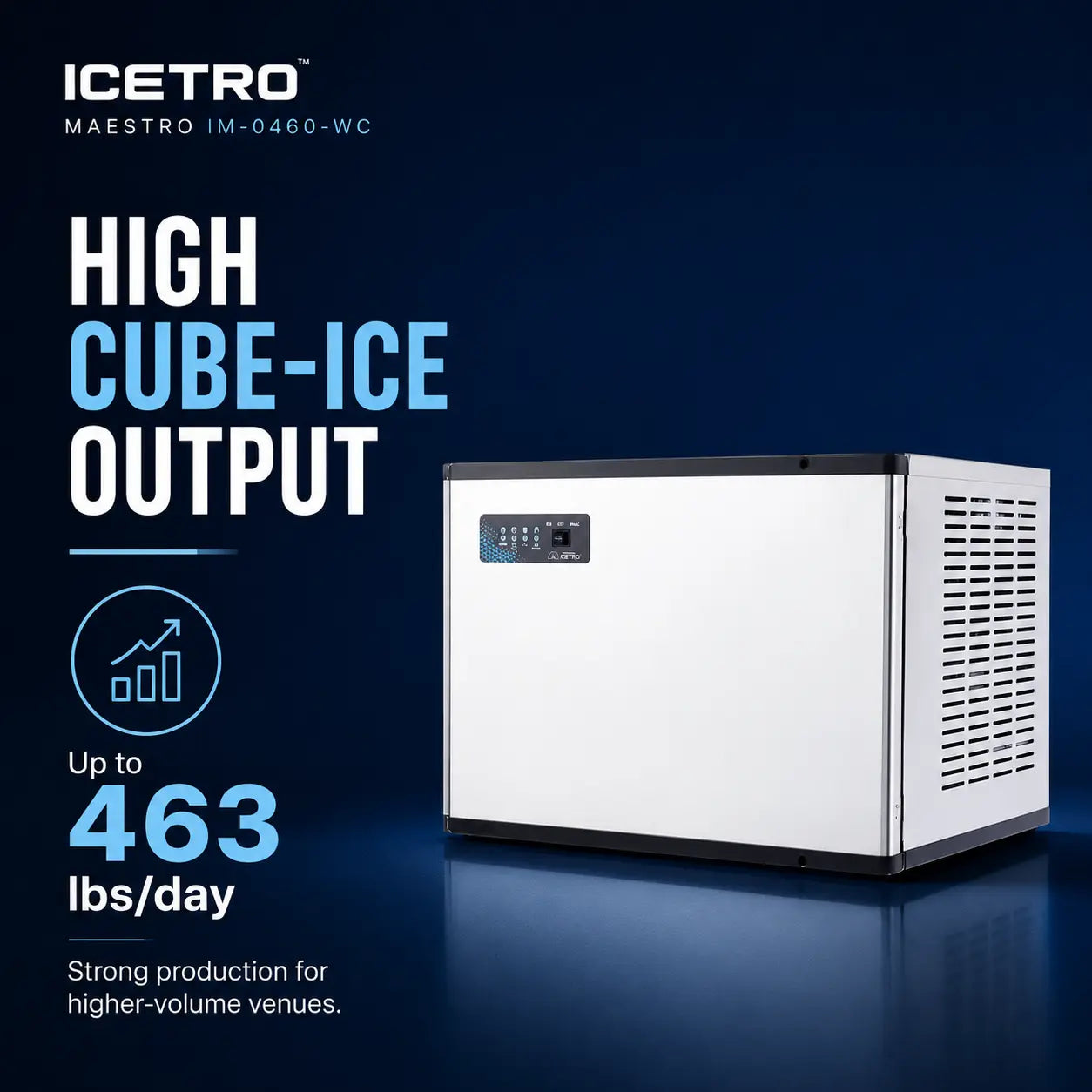 ICETRO Maestro high-cube-ice output ice machine shown on a dark blue promotional background with text highlighting up to 463 lbs/day production.