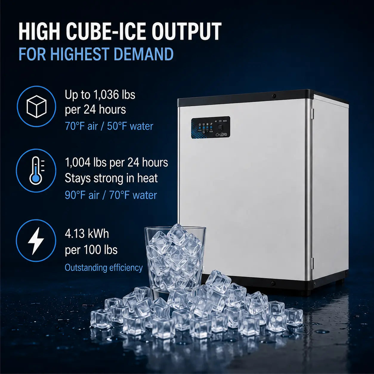A white and black high-cube-ice output refrigerator shown on a dark blue background with promotional text and a glass of ice cubes in the foreground.