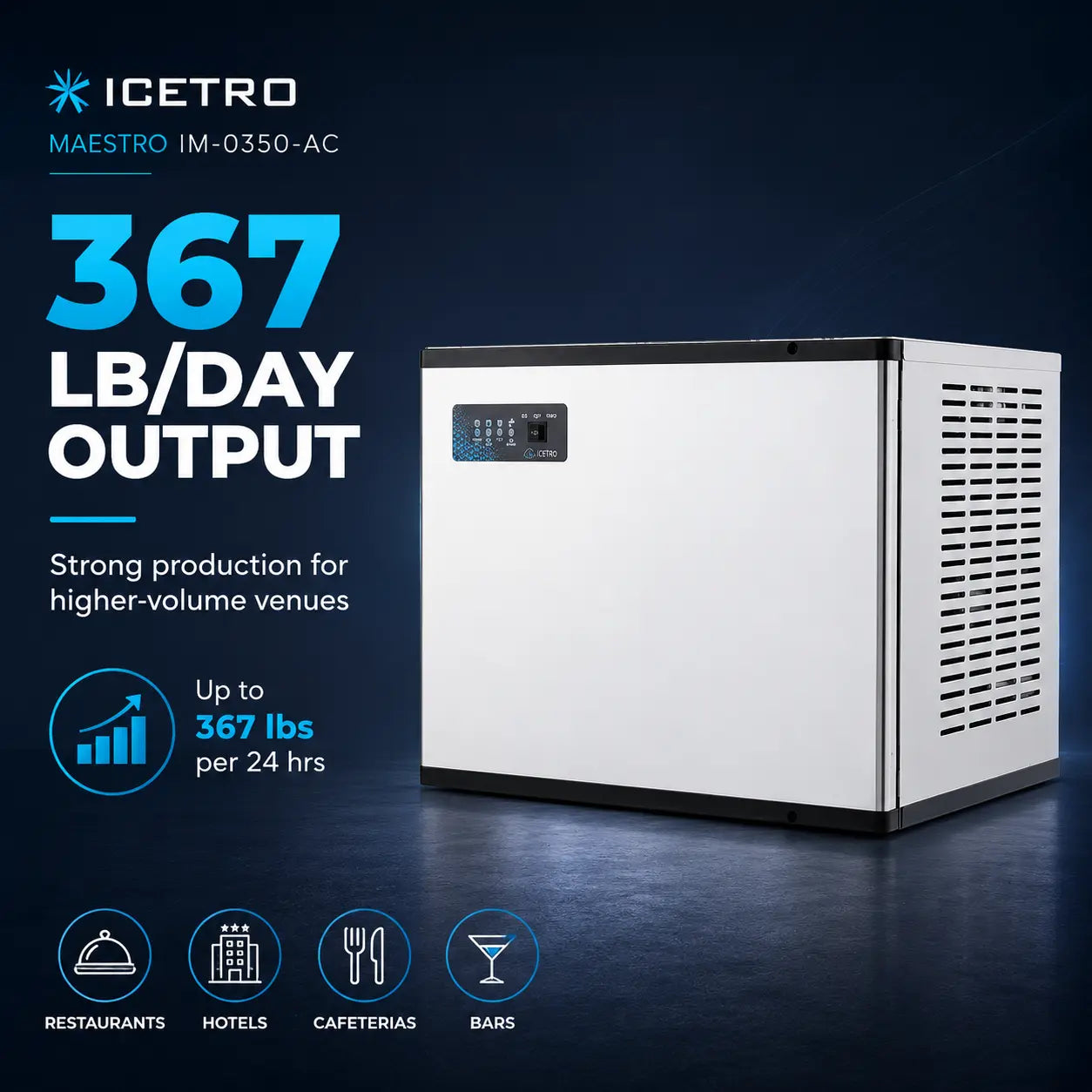 ICETRO Maestro IM-0350-AC 367 lb/day output commercial ice machine in white with black trim, shown on a dark blue promotional background with text and restaurant icons.