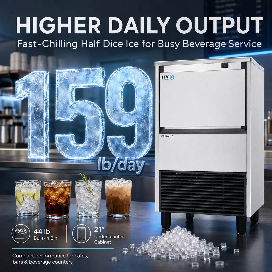 Front view of the ITV SPIKA NG 130 A1F air-cooled full cube undercounter ice machine, rated at 134 lb/day.