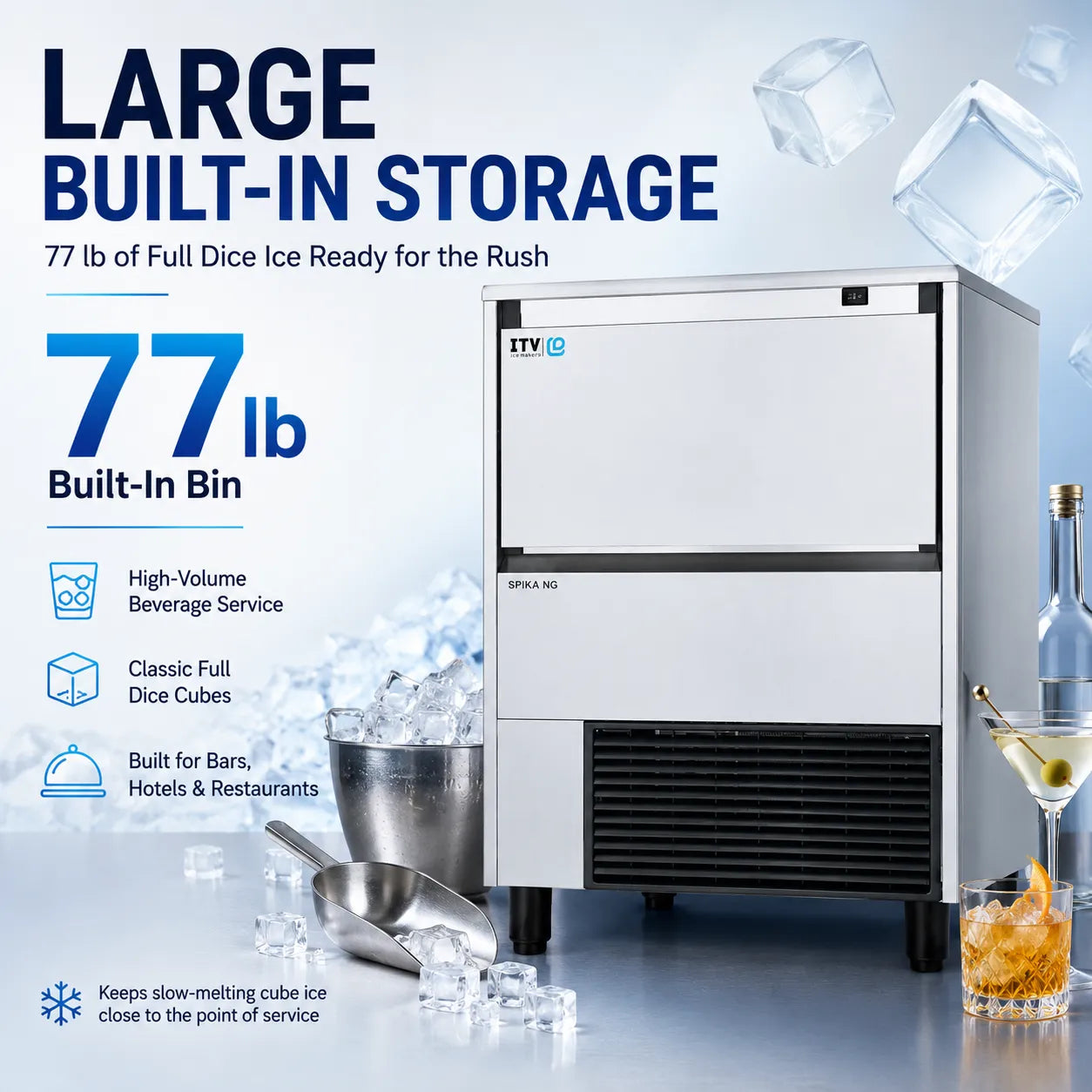 ITV SPIKA NG 230 A1F undercounter ice machine with large 77 lb built-in bin for full dice ice in bars, hotels, and restaurants