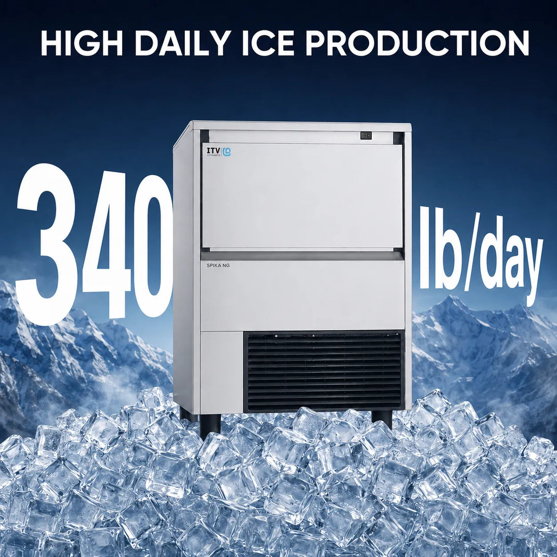 Front view of the ITV SPIKA NG 360 A1F air-cooled full dice undercounter ice machine, rated at 340 lb/day.