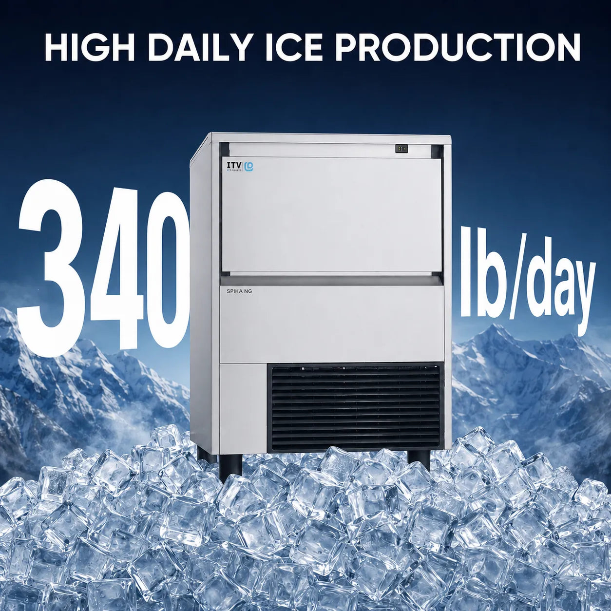 ITV SPIKA NG 360 A1F ice machine showing 340 lb per day high daily ice production with cube ice and cold mountain background