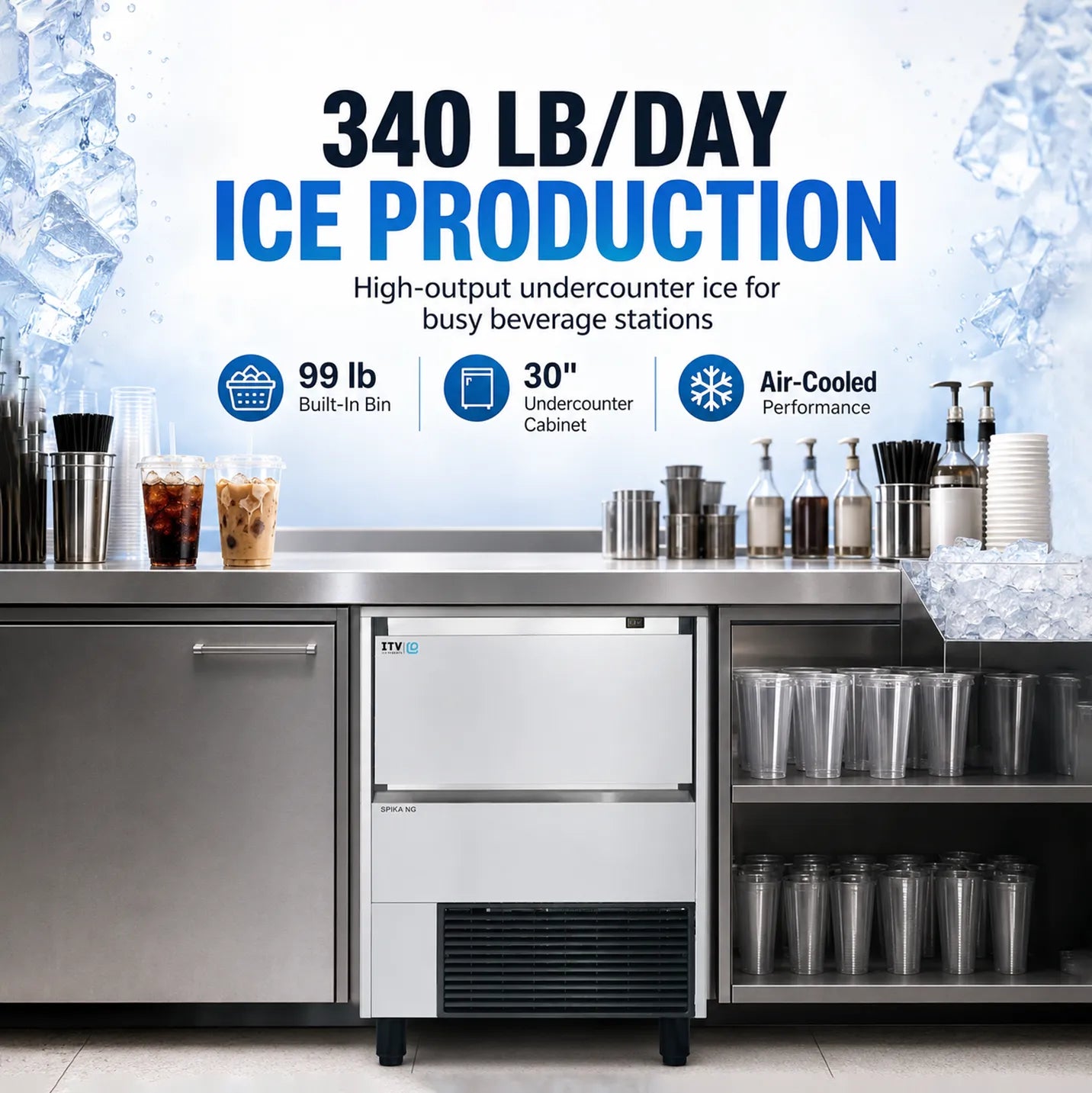 Ice production machine with ice production details on a beverage station background