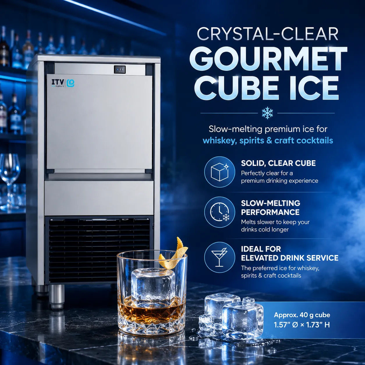 Ice machine with a glass of whiskey and ice cubes on a bar counter, featuring text about crystal-clear gourmet cube ice.
