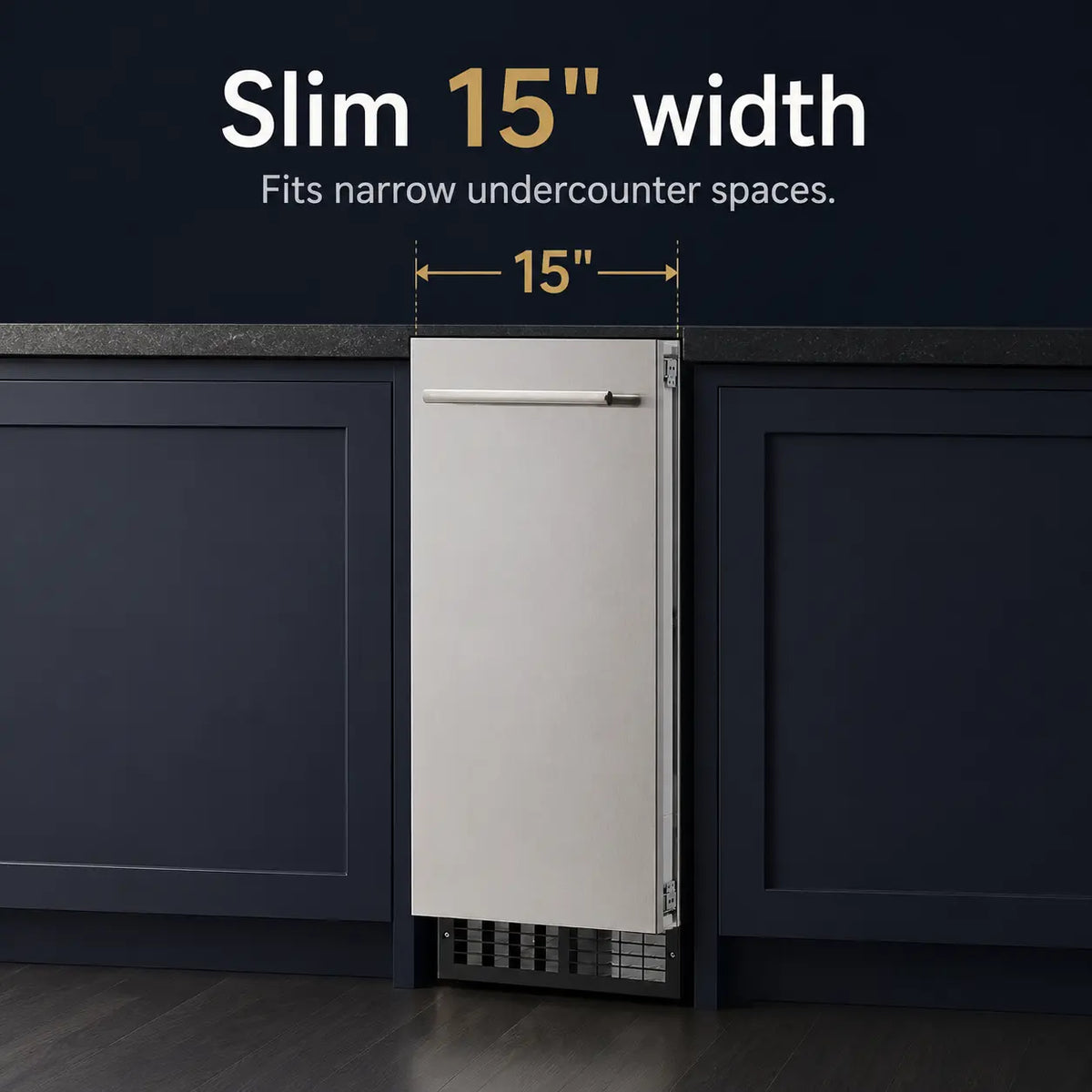 A slim built-in undercounter refrigerator shown installed between dark navy cabinets, with text at the top reading 'Slim 15" width' and a '15"' width marker above the door.