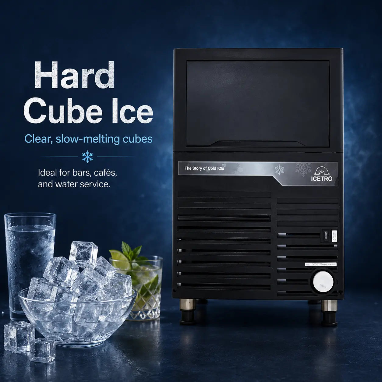 An ICE'TRO hard cube ice machine shown on a dark blue studio background with bowls of clear ice cubes and a glass of mojito, alongside text reading 'Hard Cube Ice'.