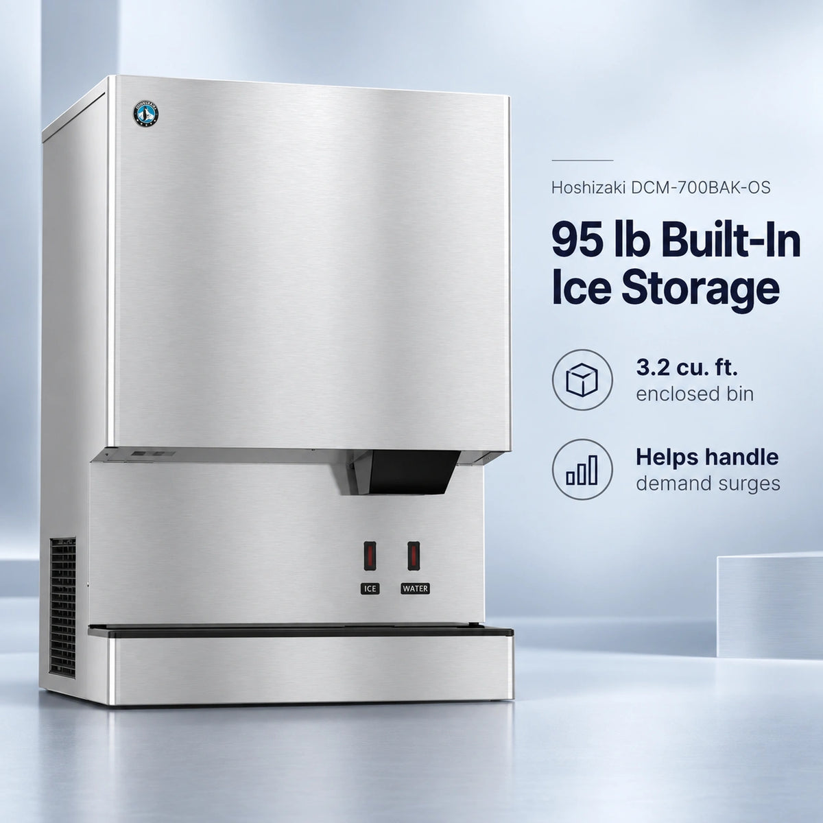 A stainless steel Hoshizaki DCM-700BAK-OS ice machine with built-in ice storage, shown on a clean light gray studio background with product feature text on the right.