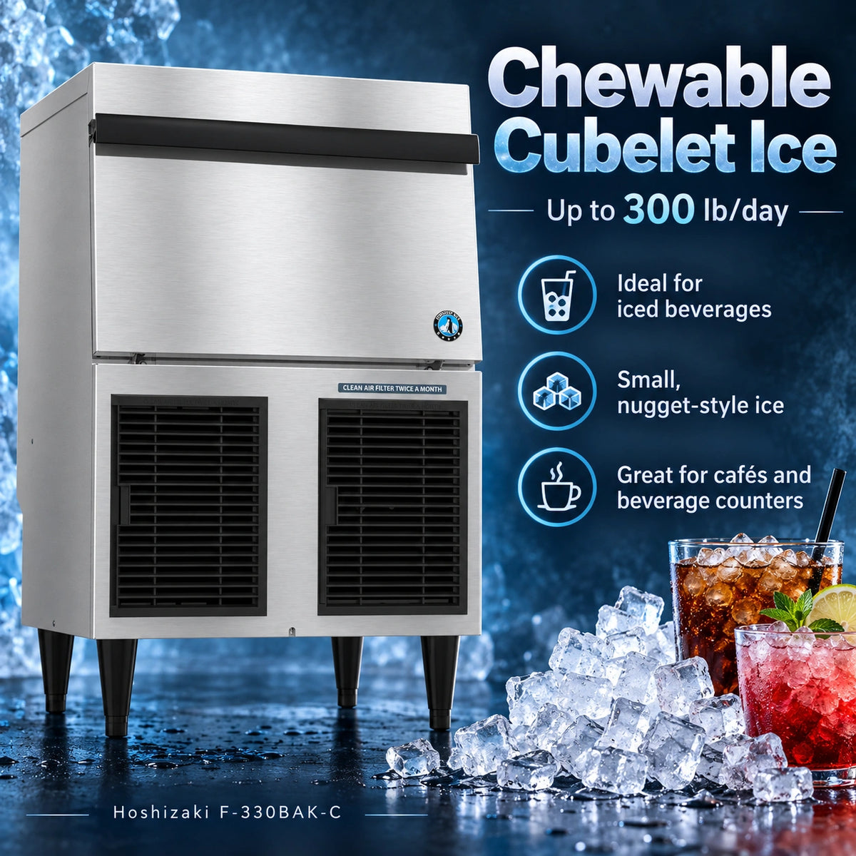 Hoshizaki F-330BAK-C Undercounter Cubelet Ice Maker - 300 lb/Day with 80 lb Bin, Air-Cooled