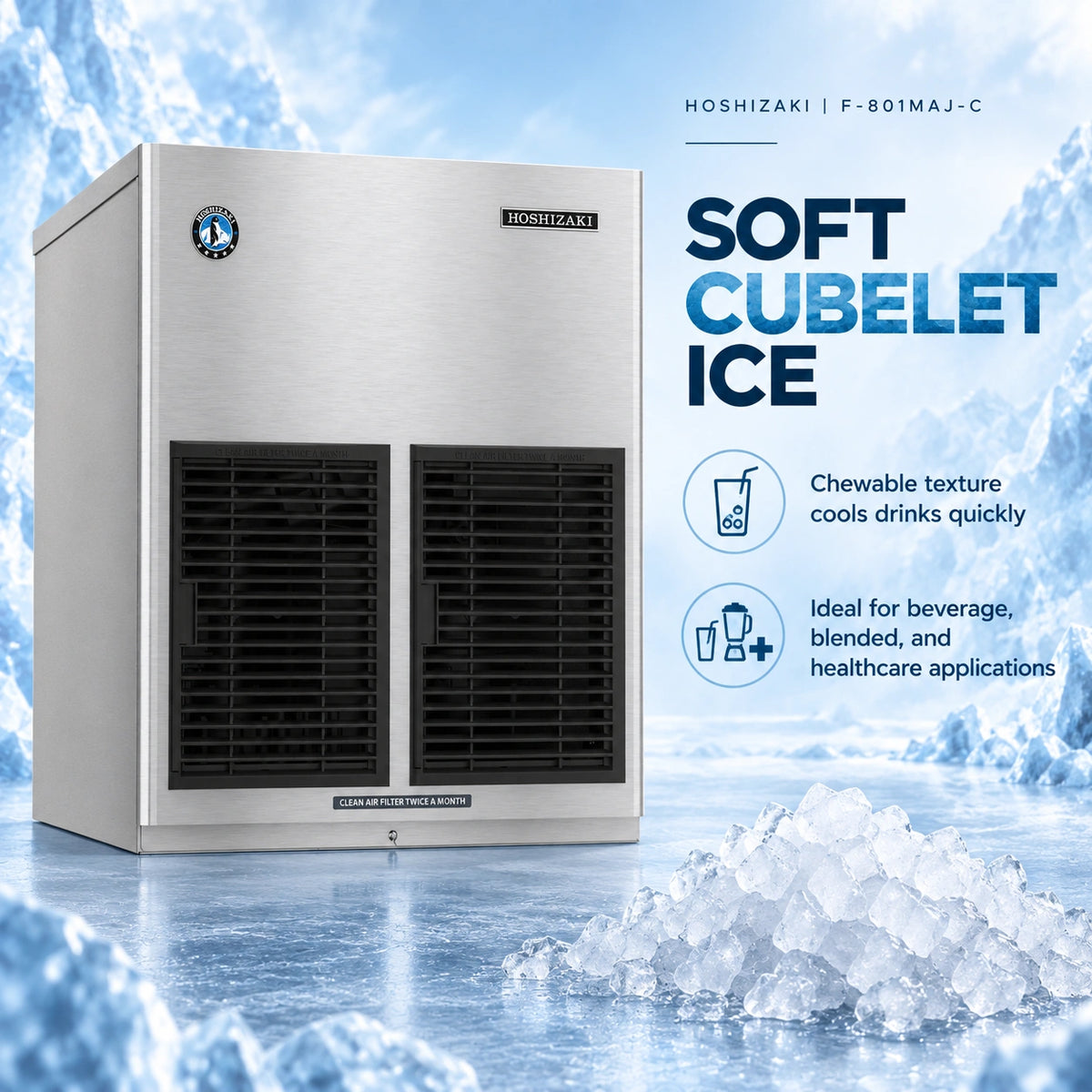 A stainless steel Hoshizaki soft cubelet ice machine shown against an icy blue background with text reading 'SOFT CUBELET ICE' and feature callouts.