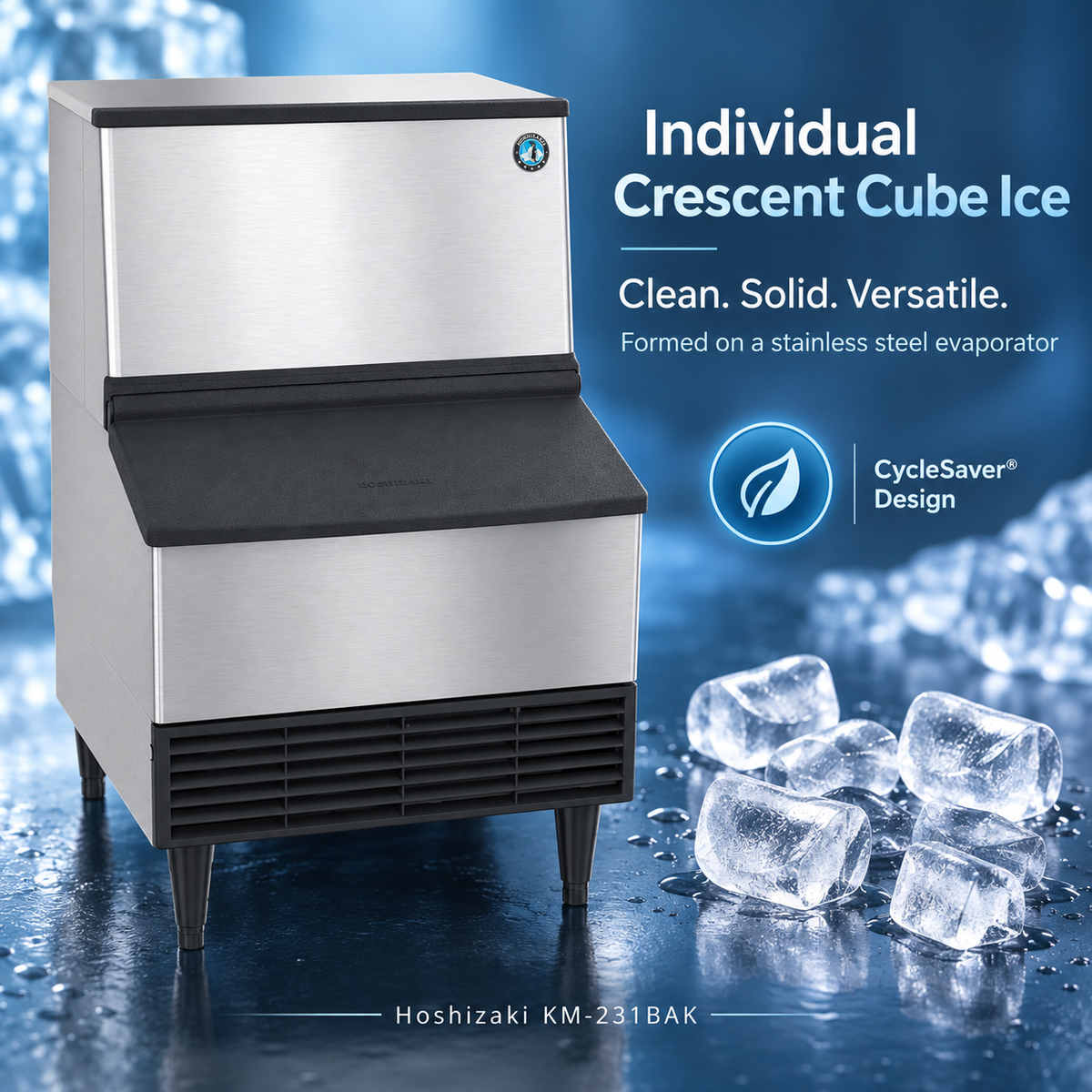 A stainless steel and black Crescent cube ice machine shown on a blue icy background with ice cubes and marketing text. Visible text includes 'Individual Crescent Cube Ice', 'Clean.