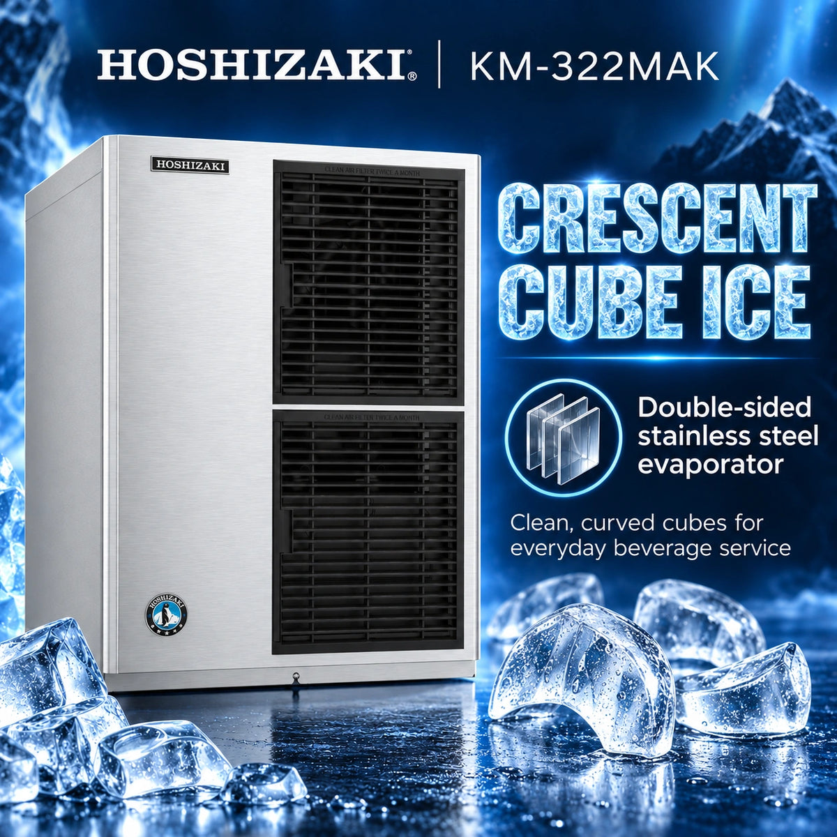 Hoshizaki KM-322MAK Crescent Cube Ice commercial ice maker in stainless steel, shown with ice cubes on a blue icy background with promotional text.