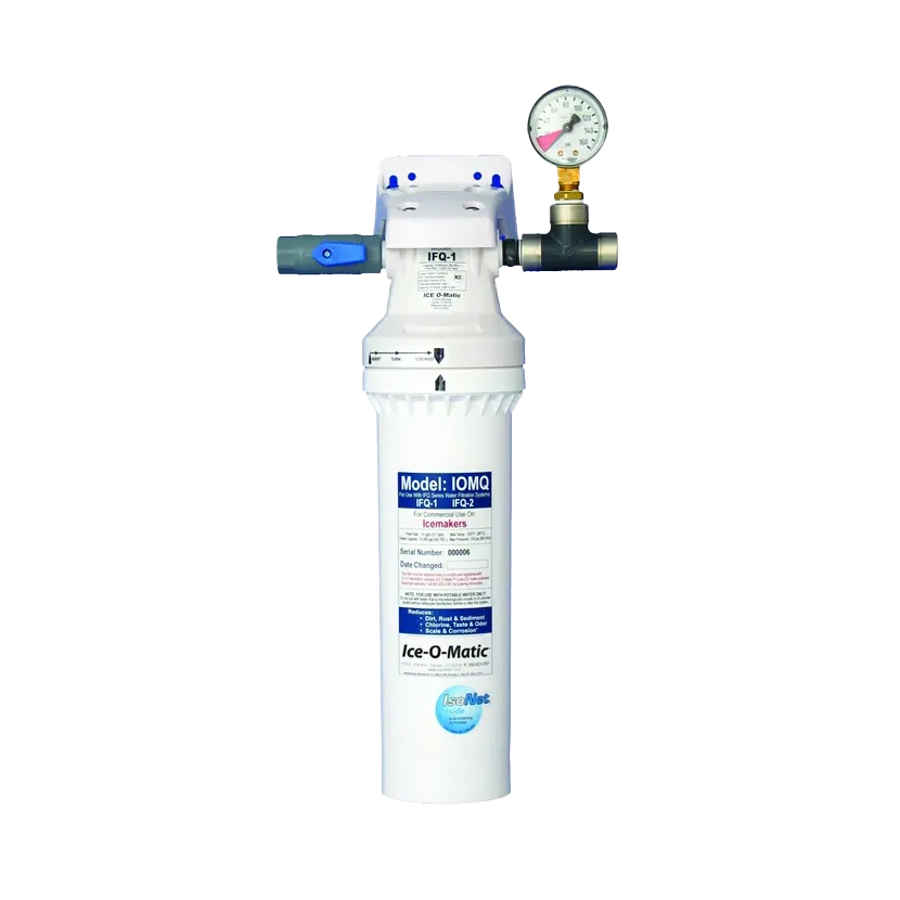 An Ice-Q-Matic reverse osmosis water filter with a white cylindrical body, a white top housing, a brass pressure gauge, and blue and gray valve components, shown on a plain white background.