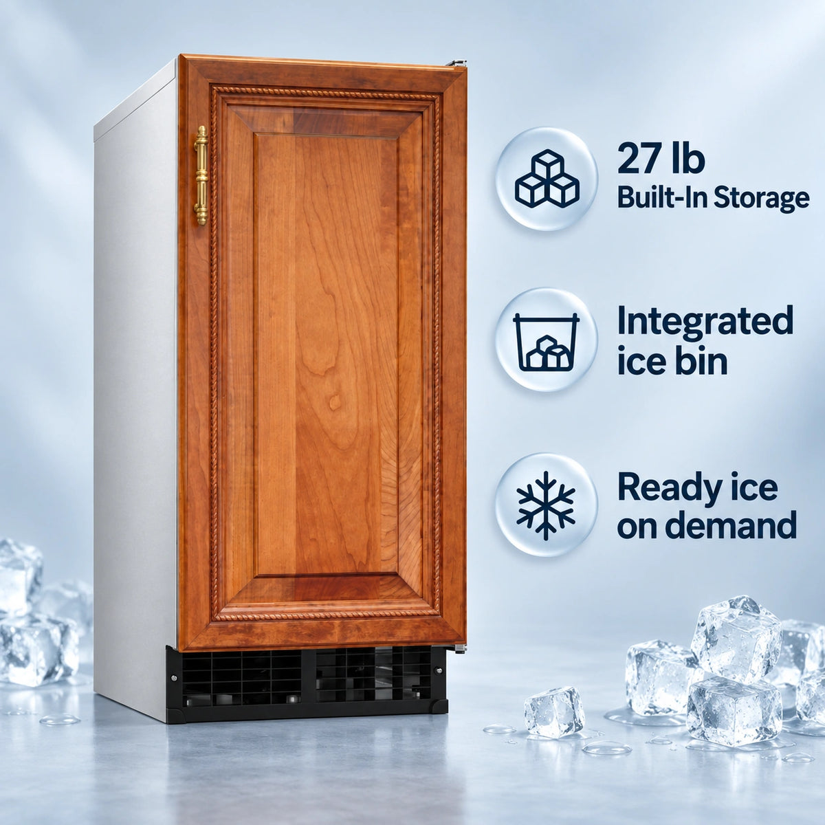 A compact refrigerator with a wood-look front door and white side panels, shown with feature callouts reading 27 lb Built-In Storage, Integrated ice bin, and Ready ice on demand. Ice cubes are scattered around the base on a light blue studio background.