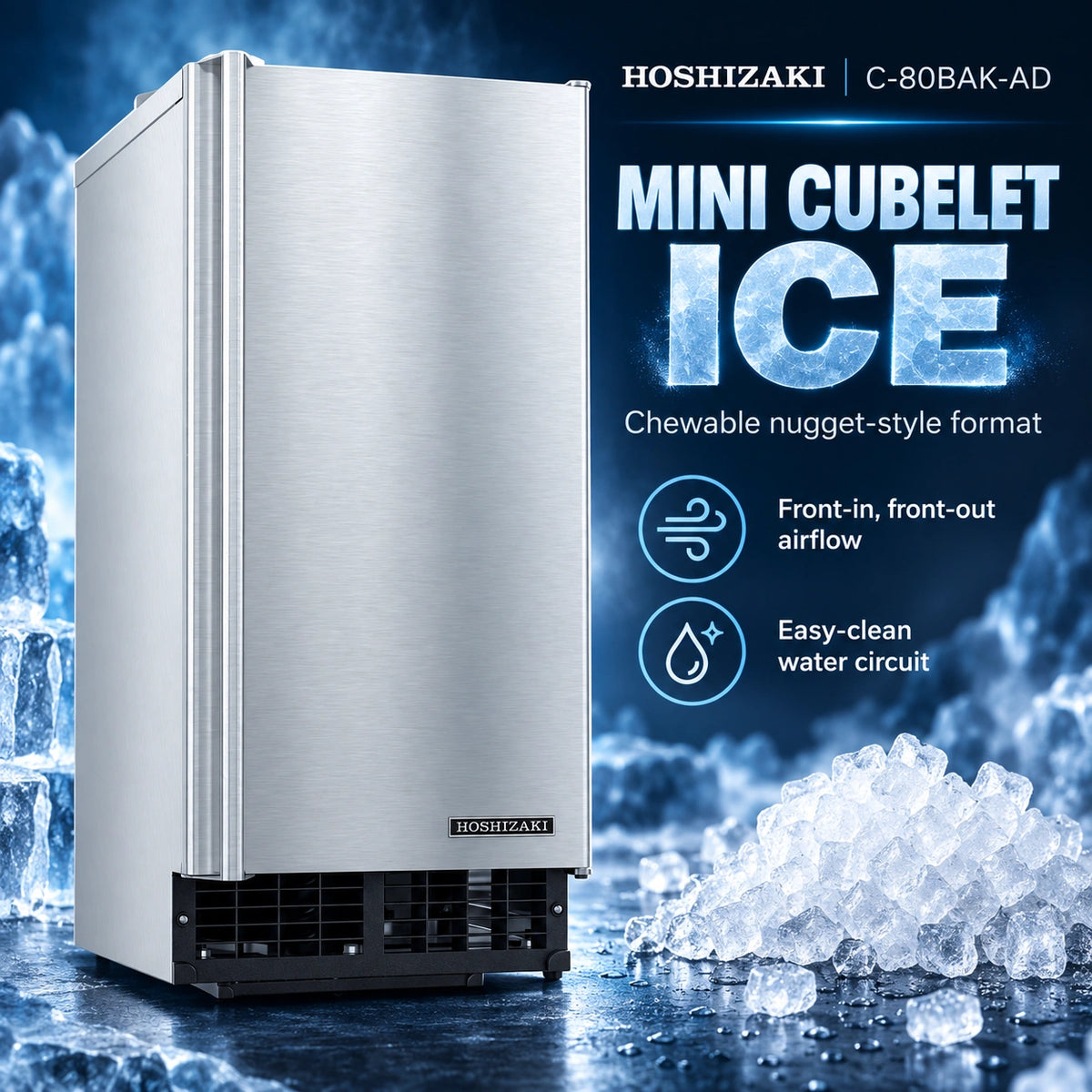 Hoshizaki C-80BAK-AD Mini Cubelet Ice machine in brushed stainless steel, shown against a blue ice-themed background with text highlighting front-in front-out airflow and easy-clean water circuit.