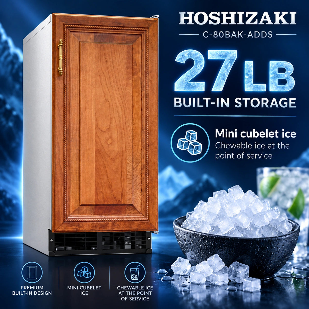 Hoshizaki C-80Bak-Adds 27 lb built-in storage mini-fridge with a wood-grain front door and white side panel, shown next to a bowl of ice cubes on a dark blue background with product feature callouts.