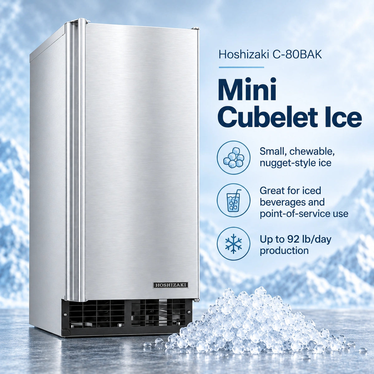 A Hoshizaki C-80BAK mini cubelet ice maker shown as a stainless steel countertop refrigerator with a black vented base, set against a icy blue background with text callouts and a pile of crushed ice in front.