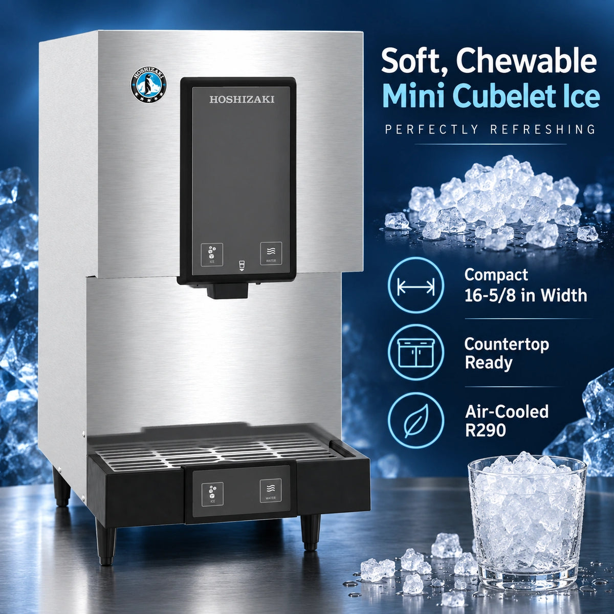 A Hoshizaki countertop mini cubelet ice machine in brushed stainless steel with a black control panel and drip tray, shown on a blue promotional background with ice cubes and text callouts.