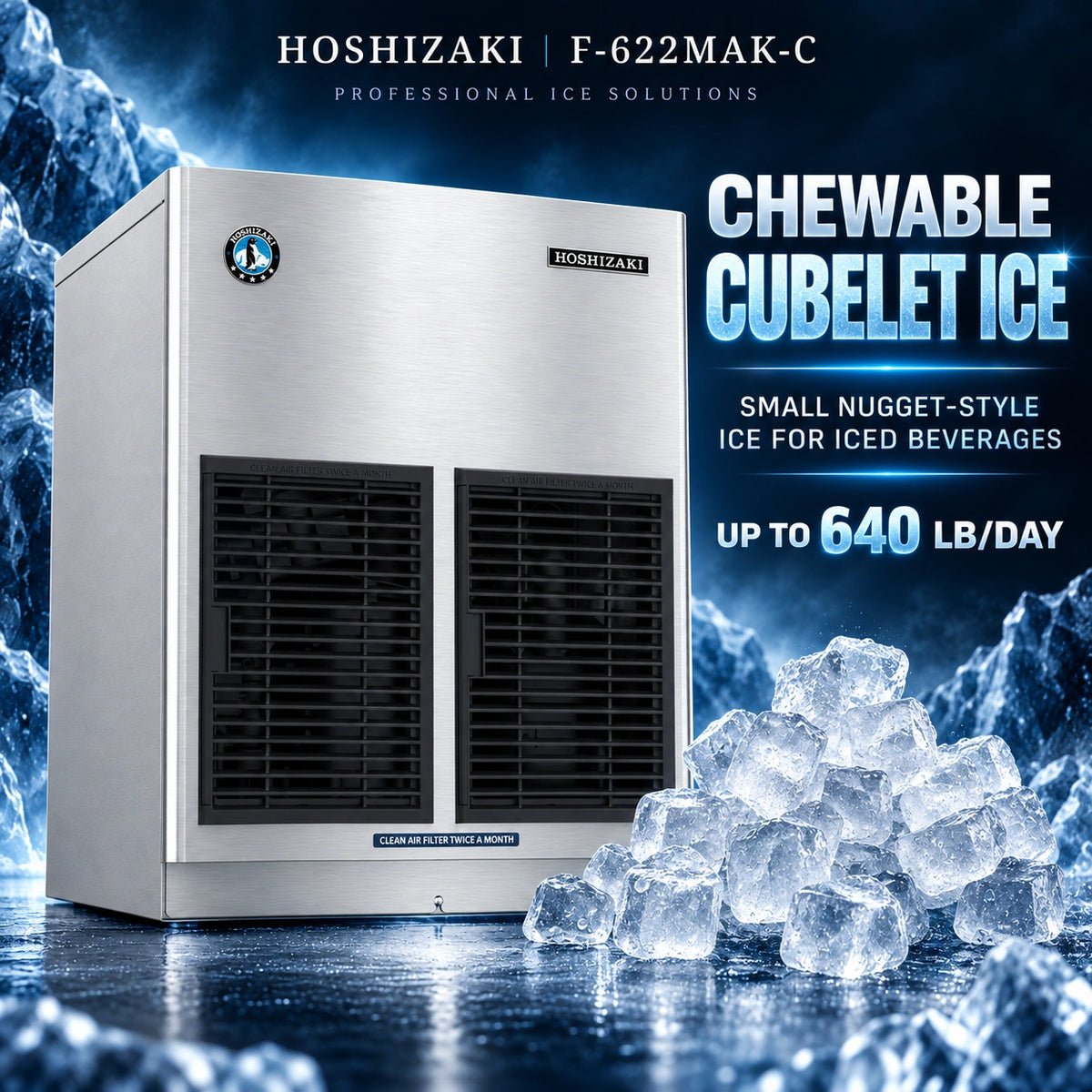 Hoshizaki F-622MAK-C commercial cubelet ice machine in stainless steel, shown with text overlays and ice cubes on a blue icy background.