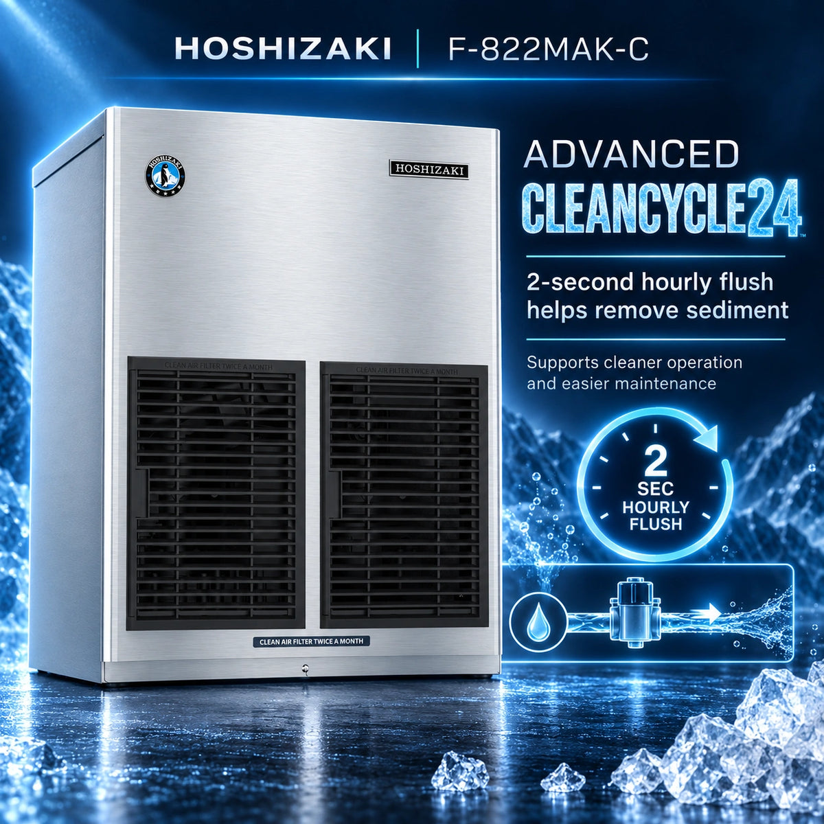 Hoshizaki F-822MAK-C Advanced CleanCycle24 commercial ice machine in stainless steel with black front grilles, shown on a blue icy background with promotional text and a 2-second hourly flush graphic.