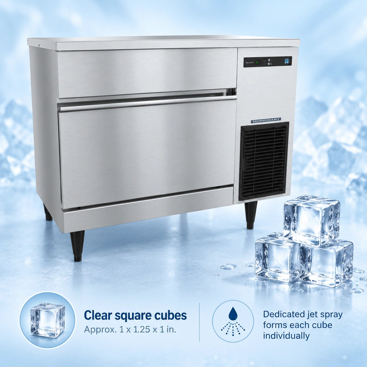A stainless steel commercial ice machine with a digital control panel and black legs, shown against a blue icy background with ice cubes and text callouts about clear square cubes and dedicated jet spray.